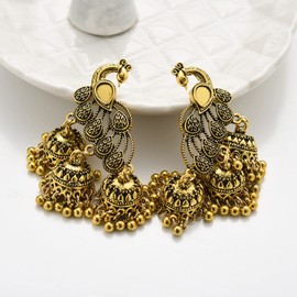 Jhumka Tassel Drop Earrings Indian Ethnic Vintage Earring Peacock Statement Oxidized Antique Traditional Jhumki Earring for Women Girls Party Festival Boho Bohemian Bollywood Jewelry Gift (Gold)