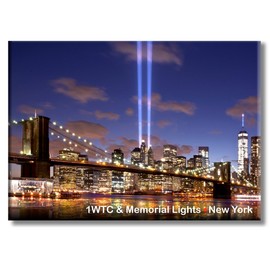 Brooklyn Bridge and Tribute in Light Magnet – 3.5x2.5 Inch NYC Memorial Souvenir – One World Trade Center Night Skyline Metal Fridge Magnet – ArtMalore 9/11 Landmark Tribute