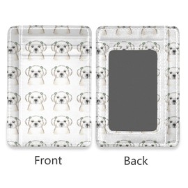 White Maltese Dog Face Head Seamless on White Slim Minimalist Wallet, Front Pocket RFID Blocking Leather Credit Card Holder, Case Protector Covers for Men Women