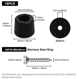 Jeyrup Pack of 16 Rubber Feet Screwable Furniture Gliders Black Furniture Feet Table Legs Non-Slip Film Rubber Mat Outdoor Furniture Protection Increase in Height with M5 Screws