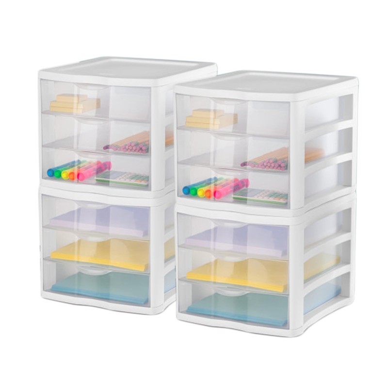Sterilite 4-Pack 3 Drawer Unit, Plastic Desktop Organizer with Clear