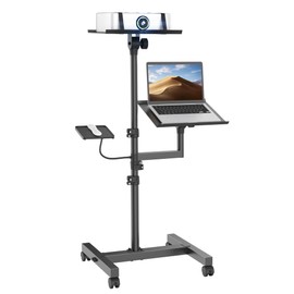 ORWOD Projector and Laptop Stand Tripod, 2 Shelves Mobile Laptop Tripod Stand, Max 47" Height Adjustable Laptop Cart on Wheels, Projector Floor Stand with Ventilated Tray for Podium, Meeting, Couch