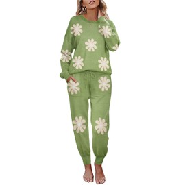 Ekouaer Women's 2 Piece Lounge Set Long Sleeve Knit Pajamas Sweatsuit Jogger Pant Outfits With Pockets,Floral Light Green,Small