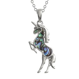 Kiara Jewellery Unicorn Pendant Necklace with Natural Green and Blue Inlaid Paua Abalone Shell on 18" Trace Chain Rhodium Plated Tarnish Protected, Metal, Abalone
