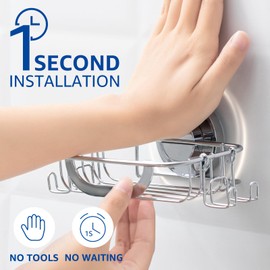 SWAMTIK Soap Dish Suction Cup, Bar Soap Holder with Hooks,Soap Bar Holder for Shower Wall, Soap Saver Tray for Tub, Bathroom, Rustproof Stainless Steel Sponge Holder for Kitchen, Drill-Free (Silver)