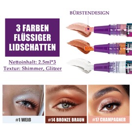 Liquid Metallic Eyeshadow, 3 Farben Glitzer Lidschatten, Wasserfest & Wischfest Augen Make up, Langanhaltend Creme Lidschatten Stick für Faltenfreie Augen, Schnell Trocknend & Glatt, Weiche Bürste