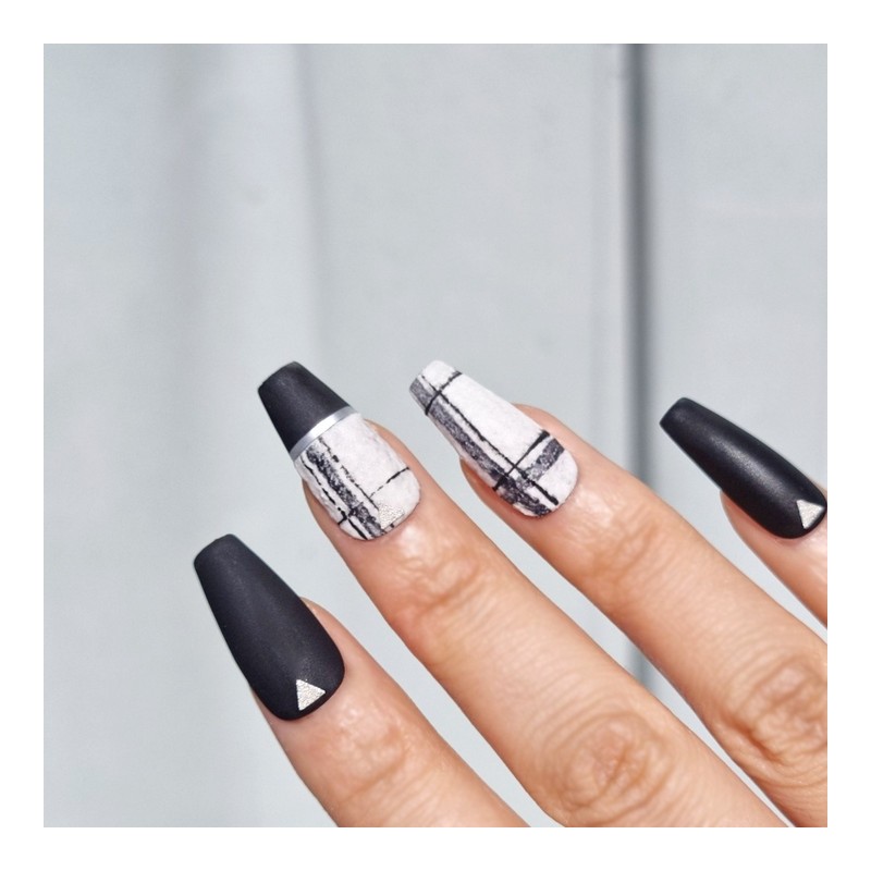 Rough check black handmade nail tip - long point /