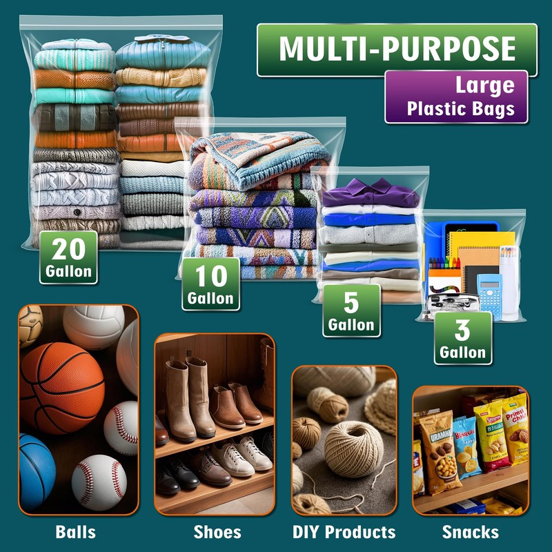 Extra Large 10 Gallon Zippered Plastic Bags for Storage- 24''