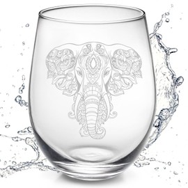 Elephant Wine Glass Stemless Unique Cup 17oz, Glass Elephant Gifts for Women Adults Wine Lover, Clear Etched Wine Glasses for Christmas, Wedding, Festivals, Birthdays Gifts for Women