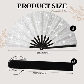 8 PCS Large Glitter Folding Fans Bulk with Sleeves for Line Dancing, 13-Inch Glittery Silver Clacking Fan Popping Fans, Line Dance Retro Fold Fan for Festivals, Parties-Silver