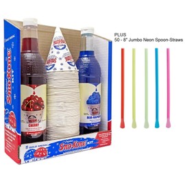Snow Cone Kit – Bundle of 2 Flavored Syrup Bottles, Spoon Straws, Cups - Snow Cone Supplies for Ice Chips, Sodas, & More