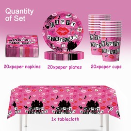 61 Pieces Meangirl Birthday Table Deco, Lady Decoration, Evil Girls, Pink Fashion Girls Party Plates, Cups, Tablecloths, Napkins, Bachelorette Party Tableware, Bat Mitzvah Party