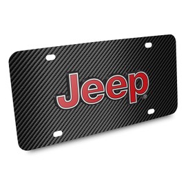 iPick Image for Jeep in Red 3D Logo on Black Carbon Fiber Patten Stainless Steel License Plate for Decorative