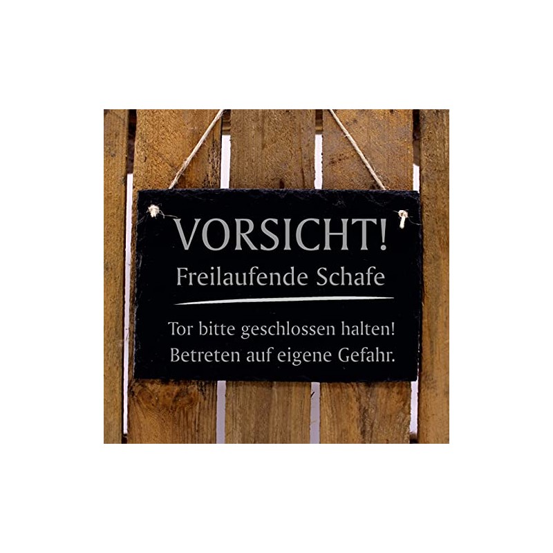 Slate Sign with German Text "Vorsicht! Freilaufende Schafe" [German Language]