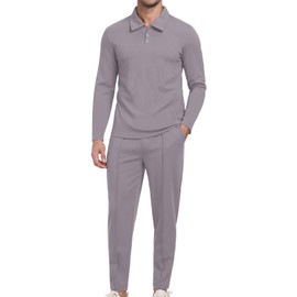 KUYIGO Mens Tracksuit Full Set Polo Waffle Hooded Sweatsuits Jogging Tops Joggers Polo 2 Piece Tracksuit Casual Business Pullover Set M Grey