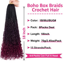 Unionbeauty 18 Inch Boho Box Braids Crochet Hair Goddess Box Braids Crochet Hair with Curly Ends 8 Packs Bohemian Box Braids Crochet Hair for Black Woman Synthetic Braiding Hair Extension 1B/99J/BUG#