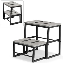 Wooden Step Stool for Adults, Heavy Duty Sturdy Stepping Stools Hold up to 500Lb, 3 in1 Bed Step Stool with Metal Frame, Two Step Stool for High Beds/Kichen/Bathroom, Grey