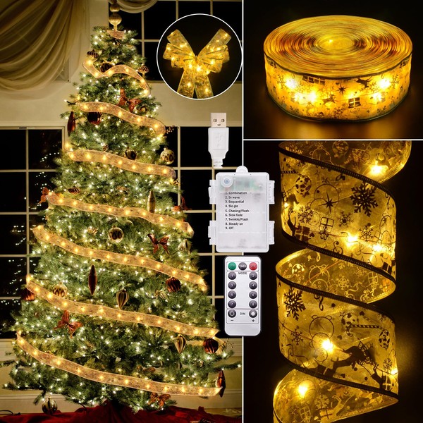Christmas Decorations - 2.5Inch x 66Ft 200 Led Christmas Tree Ribbon Lights with Remote Control, Battery Operated & USB Powered 8 Lighting Modes Fairy String Lights with Timer for Xmas Tree Decor