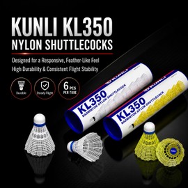 kunli KL-350 Nylon Badminton Shuttlecocks, 6 Pack, White, Medium