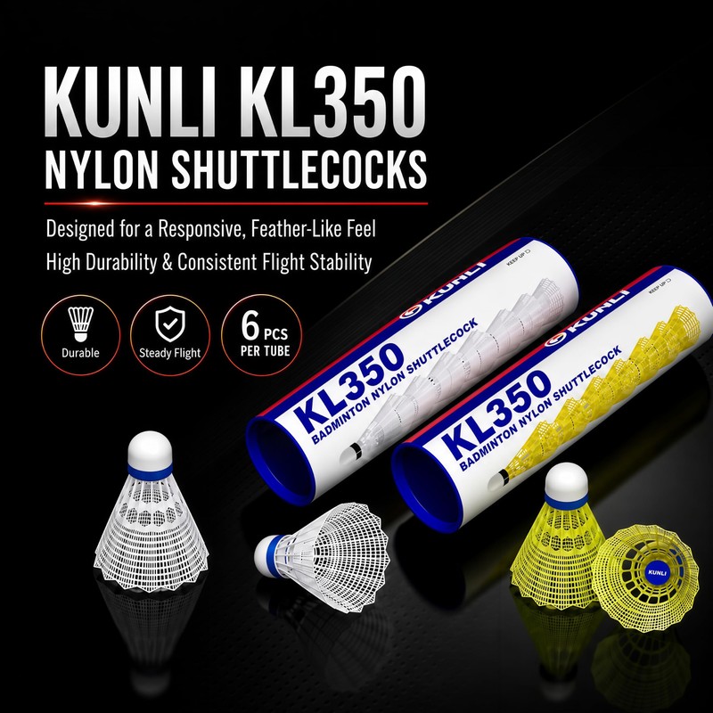 kunli KL-350 Nylon Badminton Shuttlecocks, 6 Pack, White, Medium