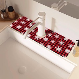 Christmas Snowflake Kitchen Sink Splash Guard Mat Buffalo Plaid Absorbent Fast Drying Mat Faucet Draining Mat Sink Splash Guard Behind Faucet Drip Catcher for Kitchen Bathroom 5.5"×15"
