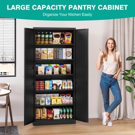 SISESOL Black Storage Cabinet,71" Tall Pantry Cabinet,Kitchen Pantry Storage Cabinets with 2 Doors and 6 Shelves,Wide Deep Metal Food Cupboard for Home,Kitchen,Dining/Living Room