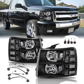 Headlights w/Bulb and Wiring Harness for 2007-2013 Chevy Silverado 1500, 07-14 Silverado 2500HD 3500HD Replacement Headlamp Assembly, Black Housing Clear Side