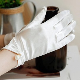 ihreesy Short Satin Gloves, 22 cm Wedding Gloves, Opera Gloves, 1920s Pearl Gloves, Flower Wrist Lace Gloves, Women's Wrist for Women and Girls, pink-red