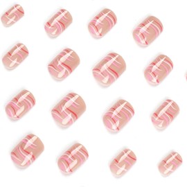 24Pcs French False Nails Short, Square Glossy Press on Nails with Glue Stickers, Glossy Full Cover Acrylic Nails Pink Red Waves Artificial Fake Nails for Women and Girls Nail Art