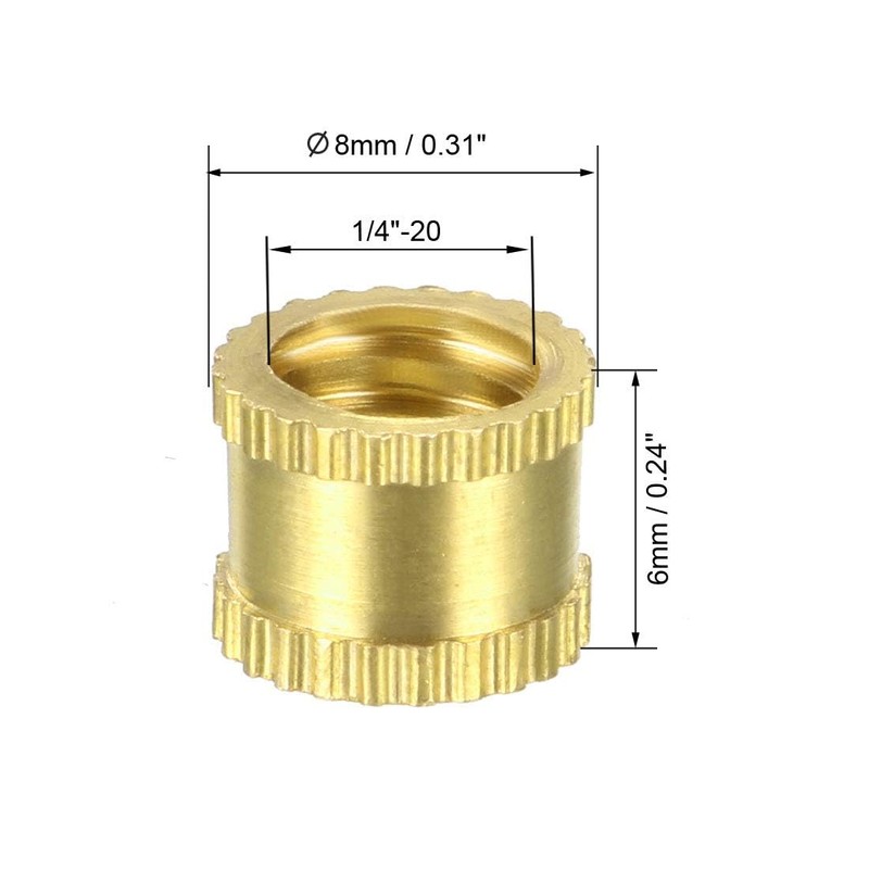 TOP-VIGOR 10Pcs Threaded Insert Knurled Nuts, 1/4-20 Brass Female Thread