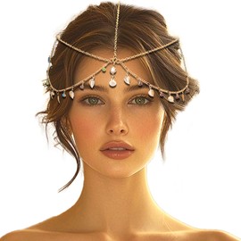 VENOFEN Sequin Head Chain Gold Leaf Boho Headpiece Jewelry Rhinestone Forehead Hair Chain Layered Headband Festival Goddess Costume Hair Accessories