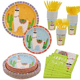 DYLIVeS 168PCS Llama Party Supplies, Llama Birthday Party Decorations Alpaca Cactus Party Favors Disposable Tableware Set for Girls and Boys - 9" Plates, 7" Plates, Cups, Napkins, Cutlery (Serves 24)