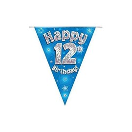 OAKTREE UK 631229 Party Bunting Happy 12th Birthday Blue Holographic 11 Flags 3.9m