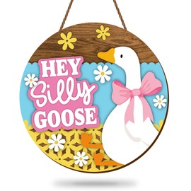 Whaline Hey Silly Goose Wooden Hanging Sign Goose and Flowers Welcome Door Sign Front Door Decor Signs for Indoor Outdoor Porch Wall