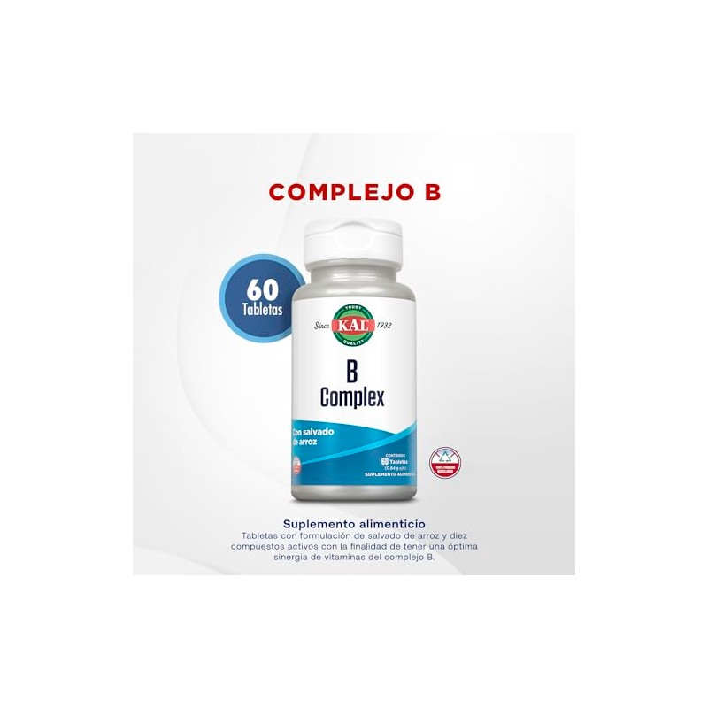 KAL B Complex, Complejo B 60 Tabletas, Con Salvado de