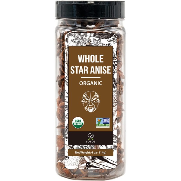 Soeos Organic Whole Star Anise 4 oz (114g), Whole Anise, Whole Chinese Star Anise Pods, Anise Seed Whole, Organic Star Anise Whole, Organic Star Anise Seeds, Star Anise Spice, Anis Star, Anis Seed, USDA Organic, Non-GMO Verified, Dried Star Anise Spice – 