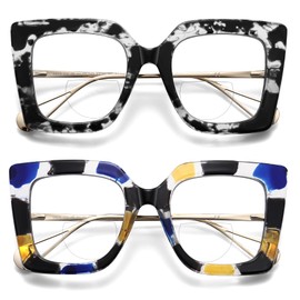 Kafirlo Oversize Bifocal Reading Glasses Women Cat Eye Blue Light Blocking Reader Clear Top No Line Transition Ladies Eyewear with Metal Frame & Spring Hinge (1.5x/Black & Tricolour Flower)