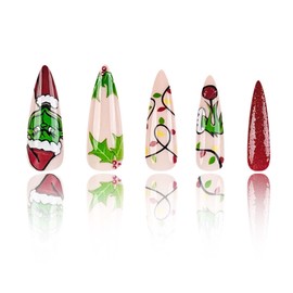 Christmas Press on Nails Long Stiletto Fake Nails Grinch Red Glitter Acrylic Nails with Cartoon Green Haired Monster Designs Stick on Nails Winter Xmas False Nails for Women Girls Holiday Manicure