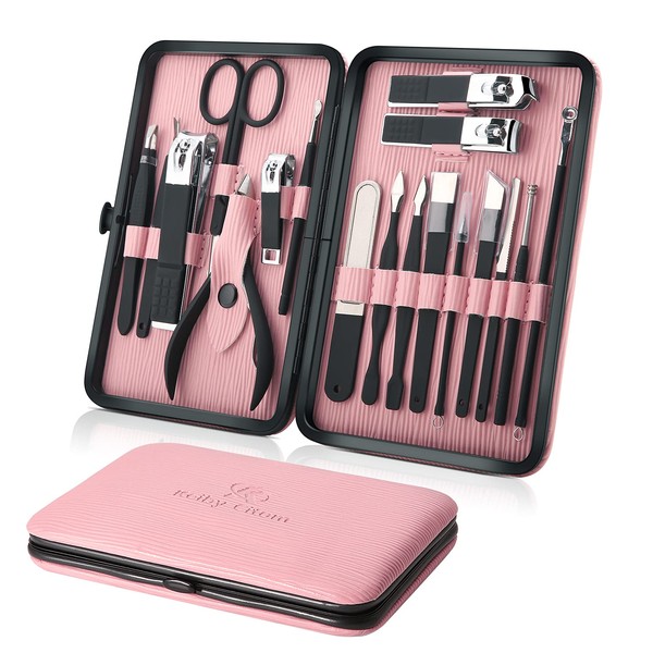 Keiby Citom Manicure Set, 18 Pieces Professional Nail Clippers Set, Pedicure Grooming Tools, Stainless Steel Grooming Tools with Rose Gold PU Leather Case for Travel and Home (Pink)