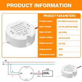 LED Transformer 24 V 36 W 1.5 A, LED Power Supply Transformer 230 V to 24 V for Lamps G4 MR16, AC to DC Switch Low Voltage Transformer, Mini Ring Power Supply Flicker-Free, No Noise, IP66 Waterproof
