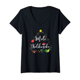 Women's Mele Kalikimaka Shirt for Women, Hawaiian Christmas V-Neck T-Shirt, black