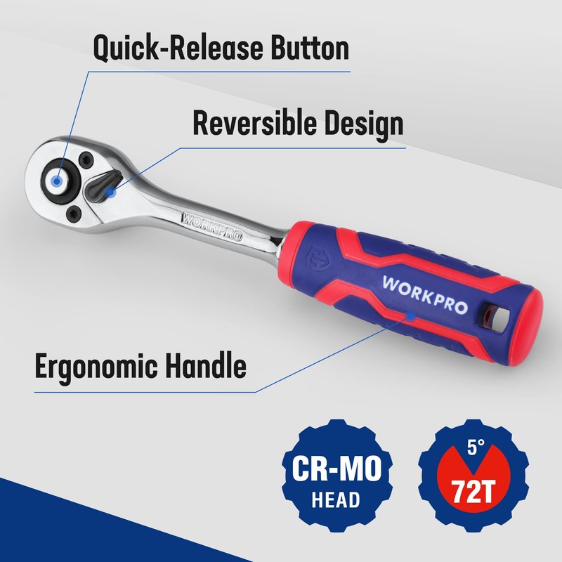 WORKPRO 3/8-Inch Drive Ratchet Wrench, 72-Tooth Reversible Ratchet, Quick-Release 3/8