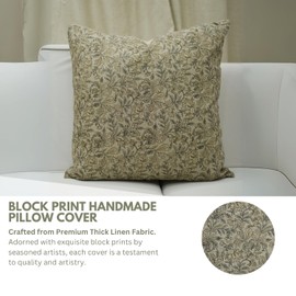 Fabritual Elegant Handmade Nature-Inspired Block Floral Print Thick Linen 22x22 Inch Throw Pillowcase Cushion Cover Decorative for Sofa, Couch, Bed, Living Room (Kudrat-Brown-Gray)