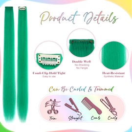 Wodelanle 12 PCS Colored Green Clip in Hair Extensions - 24 Inch Straight Synthetic Hairpiece for Kids, Girls & Women - Party Highlights