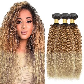 HeioWuio 1B/27/613 Hair Bundle 3 Bundles Curly Wave Ombre Three Tone Brazilian Remy Human Hair Bundle Honey Blonde and Brown Bundle Three Tone Hair Weave Curly Wave Bundles 24 26 28 Inch