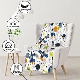 Rocket Blanket, 150 x 200 cm, Space Rocket Blanket, Cartoon Rocket Cuddly Blanket, Starry Sky Planet Blanket, Soft Flannel Sofa Blanket, Space Rocket for Children, Boys (A, 150 x 200 cm)