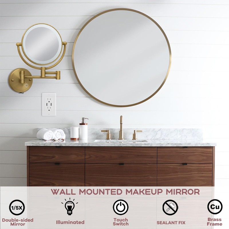 RECKODOR Brass Wall Mounted Makeup Mirror with Lights and Magnification,