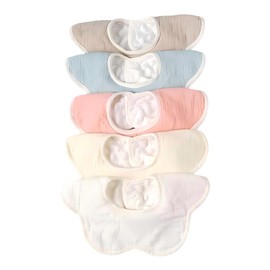 QIKEJI Baby Bib for Girls and Boys, 100% Cotton, Petal Type, Soft, Waterproof, Gauze, 360° Rotating Apron, Cute Design, Absorbent, Baby Bath, Kindergarten (Set of 5), White, Yellow, Red, Blue, Grey