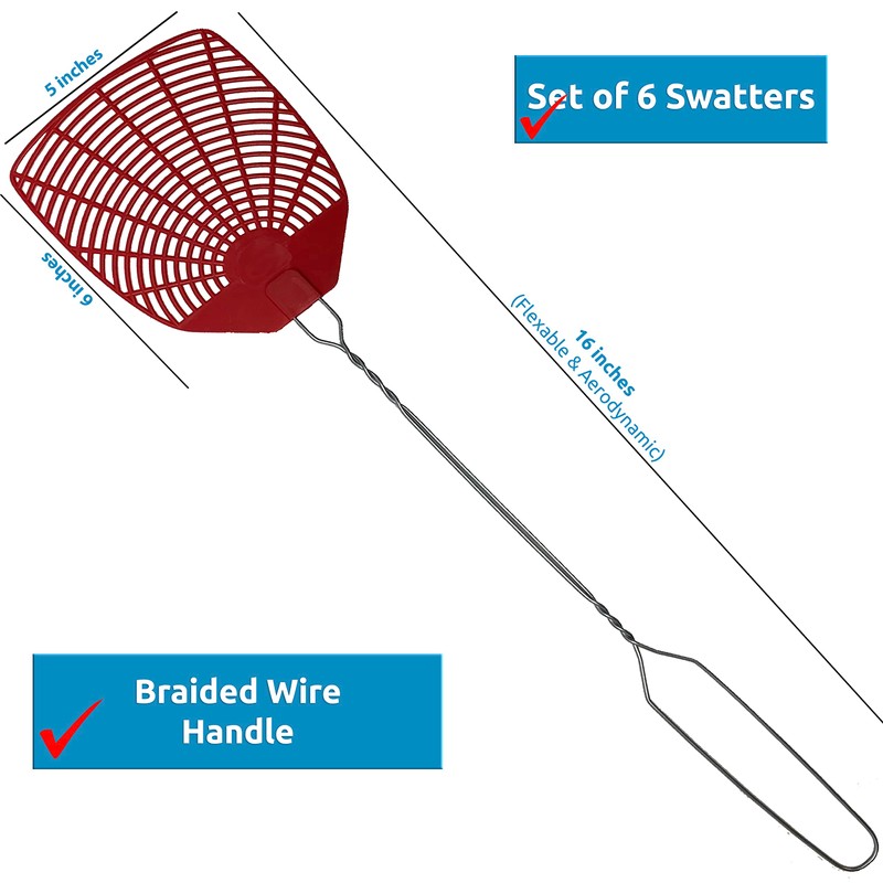 W4W, Bug & Fly Swatter Braided Metal Handle 6 Pack