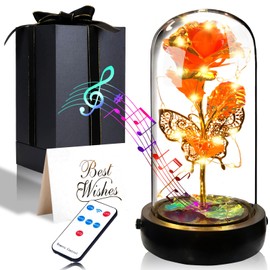 GDMYST Birthday Rose Flower Gifts for Women, for Her, Colorful Orange Rose in Glass Dome with Music Box, Mothers Day Flower Gifts for Mom Girlfriend Grandma, Light Up Rose in Glass Dome